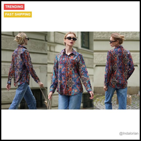 Floral Printed Button Down Blouse Long Sleeve Business Casual Boho Chic - Picture 7 of 7